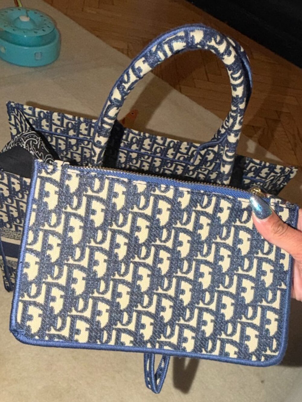 Christian Dior Medium Book Tote Style Bag + Matching Pouch + Dust Bag | Blue - Picture 10 of 11